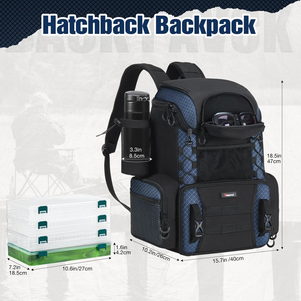 Piscifun Fishing Tackle Backpack with large storage space, water-resistant fabric, and ergonomic design. Ideal for fishing and outdoor activities.