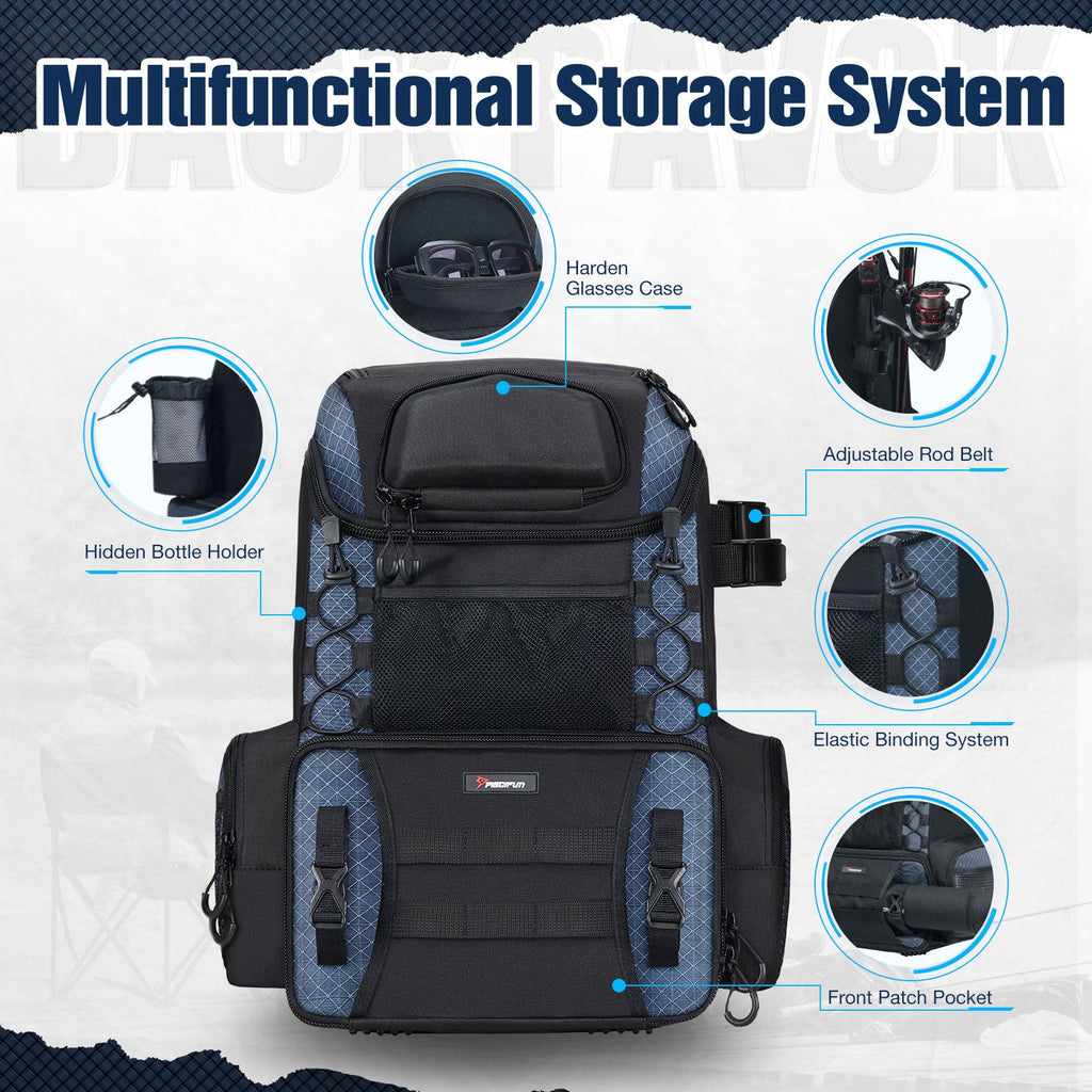 A water-resistant backpack with multiple compartments for fishing tackle and accessories. Durable and spacious, ideal for outdoor activities.