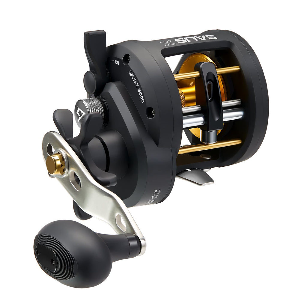 Piscifun® Salis X Trolling Reel - A powerful black and gold fishing reel for big game fishing in saltwater and freshwater. Features a graphite frame, stainless steel handle, and braid ready spool. Perfect for anglers who prefer monster-sized catches.