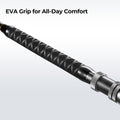 Piscifun® Saltflow High-Tech Rods For Offshore Saltwater Fishing featuring a black and silver handle, a pipe design, SEAGUIDE® accessories, corrosion-resistant materials, and all-day comfort for battling big fish.