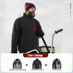 A man wearing a Piscifun Ice Fishing Jacket, featuring a black jacket with red zipper and patchwork pattern, standing outdoors.