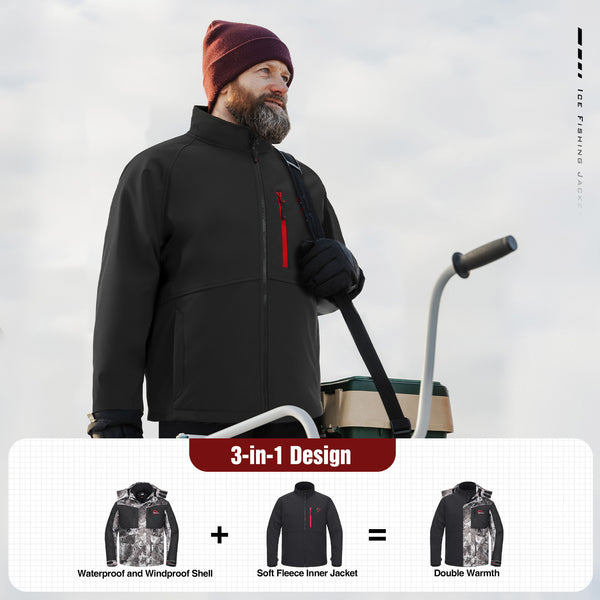 A man wearing a Piscifun Ice Fishing Jacket, featuring a black jacket with red zipper and patchwork pattern, standing outdoors.