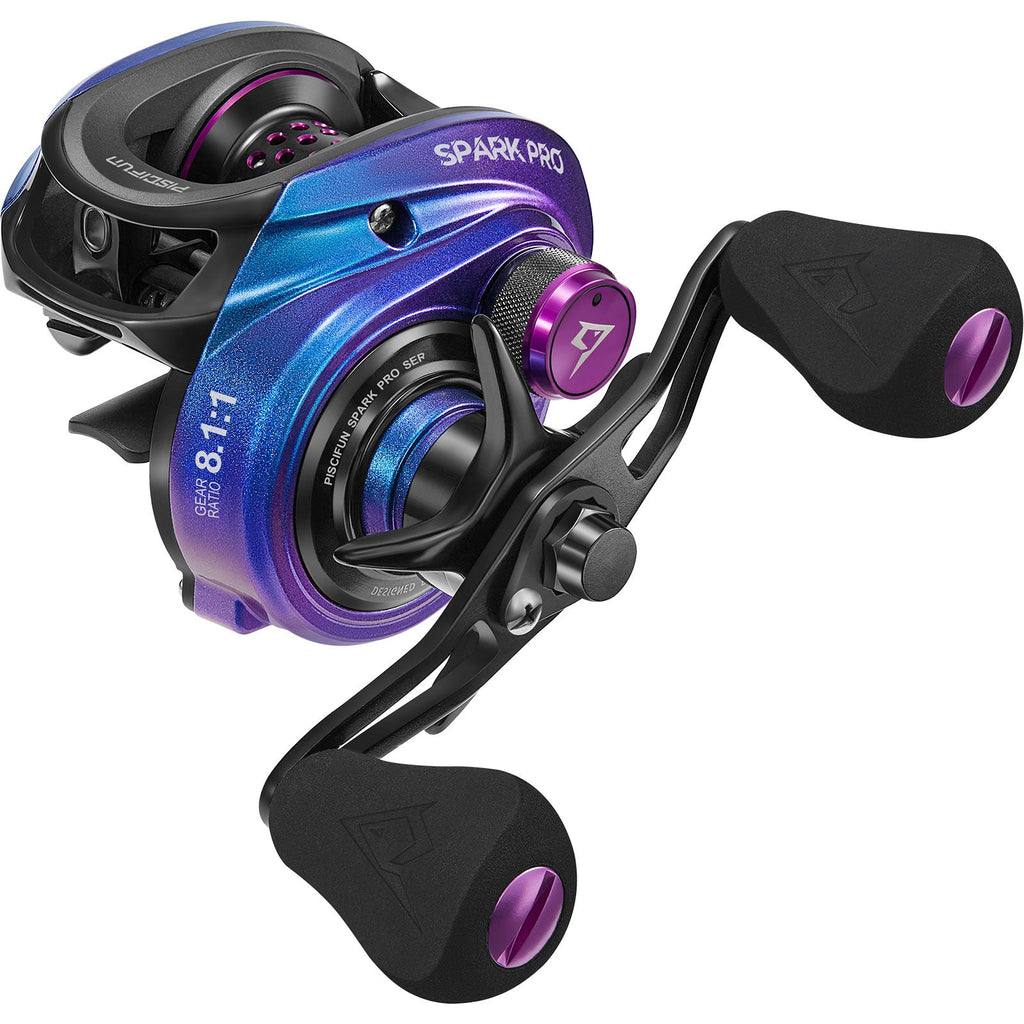 Piscifun® Spark Pro Baitcasting Reel - A compact, high-strength fishing reel with chameleon paint for a dazzling appearance. Features excellent stability, wear and corrosion resistance, and a magnetic brake system for precise control. 