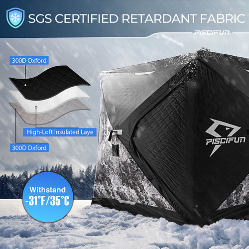 Piscifun 3-4 Person Ice Fishing Shelter, Pop-up Ice Fishing Tent, in snowy landscape with a black and white tent.