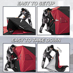 Piscifun 3-4 Person Ice Fishing Shelter in snowy conditions, featuring insulated fabric and two-door design.