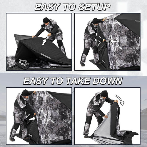 Piscifun 3-4 Person Ice Fishing Shelter in snowy conditions, featuring insulated fabric and two-door design.