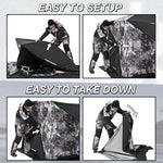 Piscifun 3-4 Person Ice Fishing Shelter in snowy conditions, featuring insulated fabric and two-door design.