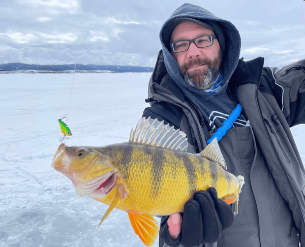 Fish on hook, ice fishing scenario