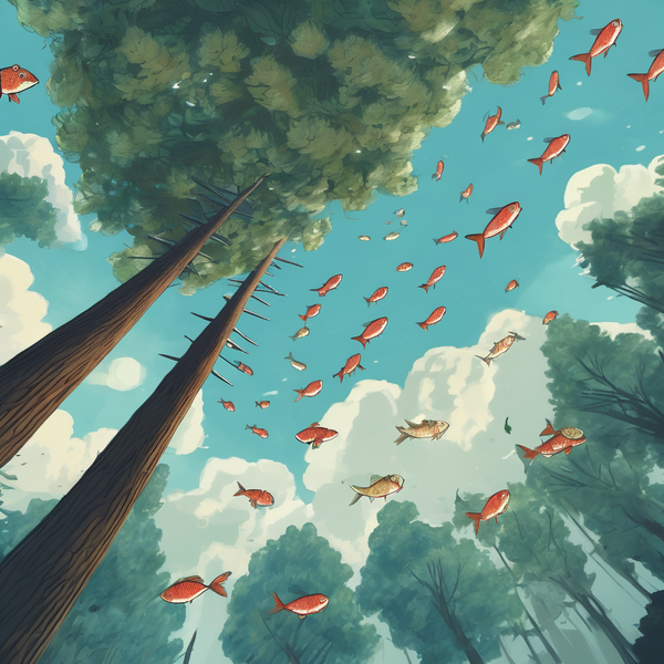 fish swimming in the sky and trees are high
