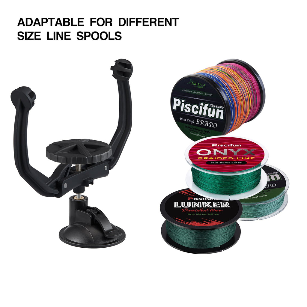 Piscifun® Fishing Line Spooler Line Winder - A black object with a round base and a round object on it, used for respooling fishing reels. Portable, durable, and easy to use. Fits various spool sizes.