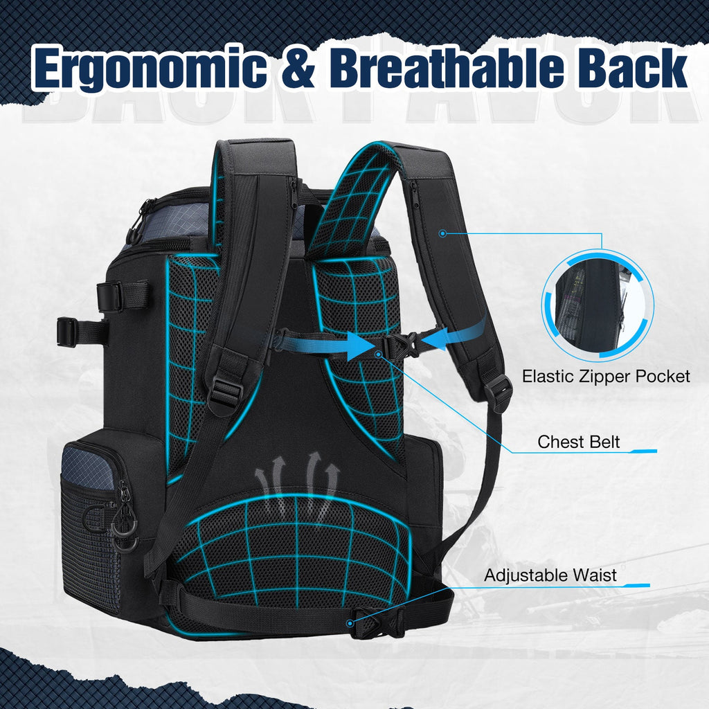A water-resistant black and blue backpack with ample storage space for fishing tackle and accessories. Comfortable and ergonomic design for a more enjoyable carrying experience. Perfect for fishing enthusiasts.