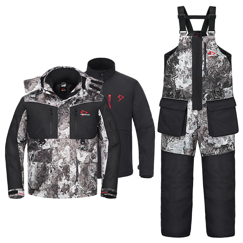 Piscifun Ice Fishing Suit: A black and white jacket and pants with a hood, designed for ice fishing. Waterproof, windproof, and insulated for warmth. Equipped with flotation technology and multiple pockets for storage.
