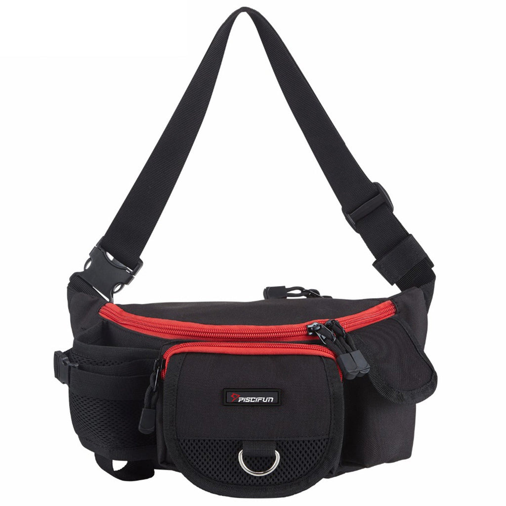 Piscifun® Fanny Pack Tackle Bag, a black and red waist bag with multiple pockets for fishing, hiking, and more. Durable, practical, and adjustable.
