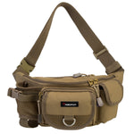 A brown shoulder bag with a strap, featuring a double zippered pocket and a zippered pocket in the back section. Spacious and practical for outdoor activities like fishing, hiking, and cycling. Includes a hidden anti-theft pocket and a water bottle holder. Adjustable waist-belt system for a personalized fit. Piscifun® Fanny Pack Tackle Bag.