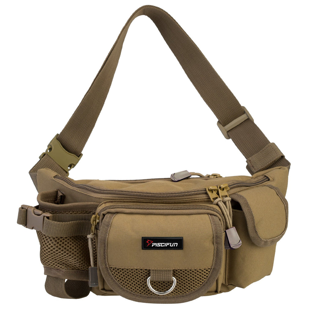 A brown shoulder bag with a strap, featuring a double zippered pocket and a zippered pocket in the back section. Spacious and practical for outdoor activities like fishing, hiking, and cycling. Includes a hidden anti-theft pocket and a water bottle holder. Adjustable waist-belt system for a personalized fit. Piscifun® Fanny Pack Tackle Bag.