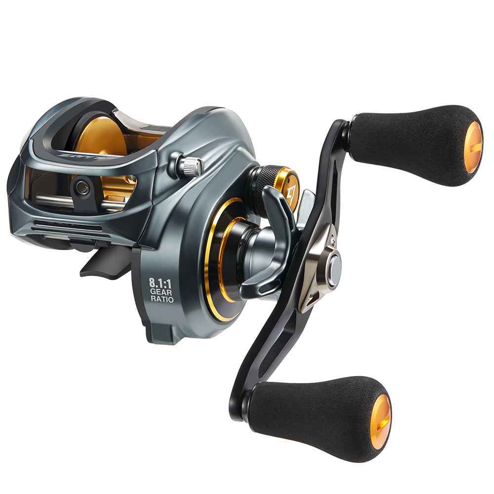 Piscifun® Alijoz Size 300 Low Profile Baitcasting Reel - Durable black-handled fishing reel for big freshwater fish. Powerful 33Lbs drag, high-end components, and innovative features.