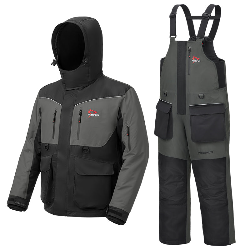 Piscifun Ice Fishing Suit: Camouflage jacket and overalls with windproof shell, Thinsulate insulation, and 16 pockets for storage. Waterproof, floatable, and wear-resistant for fishing on the ice.