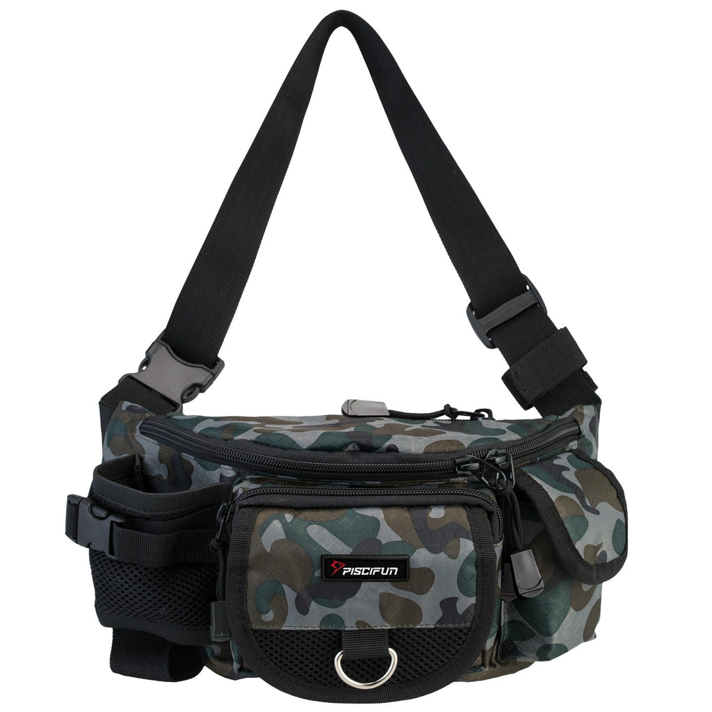 A Piscifun® Fanny Pack Tackle Bag, featuring a camouflage design and adjustable strap. Ideal for fishing, hiking, and outdoor activities.