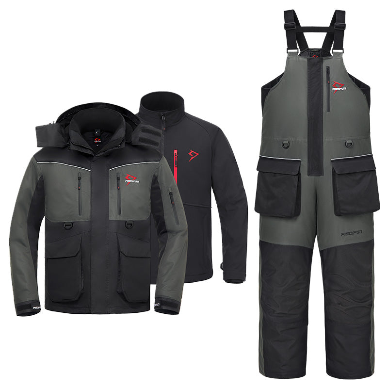 Piscifun Ice Fishing Suit: A black and white jacket and pants with a hood, designed for ice fishing. Waterproof, windproof, and insulated for warmth. Equipped with flotation technology and multiple pockets for storage.