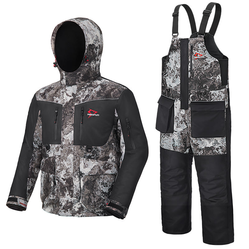 Piscifun Ice Fishing Suit: Camouflage jacket and overalls with windproof shell, Thinsulate insulation, and 16 pockets for storage. Waterproof, floatable, and wear-resistant for fishing on the ice.