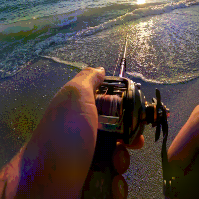 A person holding a Piscifun® Alijoz Size 300 baitcasting reel on a beach, ready for powerful fishing.