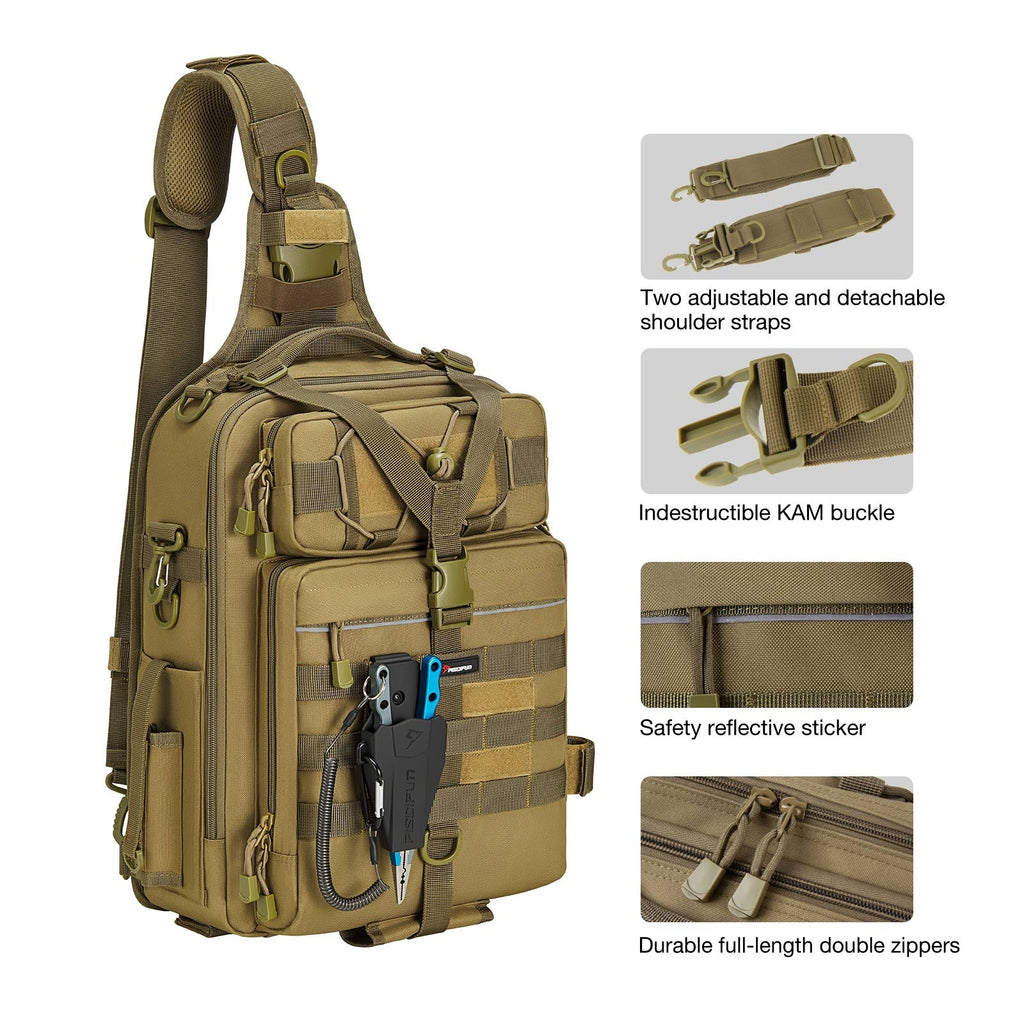 A close-up of a durable, water-resistant Piscifun® Outdoor Tackle Bag for fishing, hiking, and camping. Multiple storage compartments, adjustable straps, and exterior pockets make it ideal for outdoor enthusiasts.