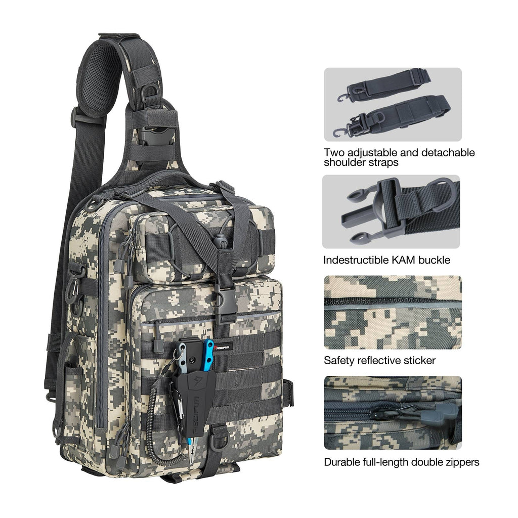 A close-up of a durable, water-resistant Piscifun® Outdoor Tackle Bag for fishing, hiking, and camping. Multiple storage compartments, adjustable straps, and exterior pockets make it ideal for outdoor enthusiasts.