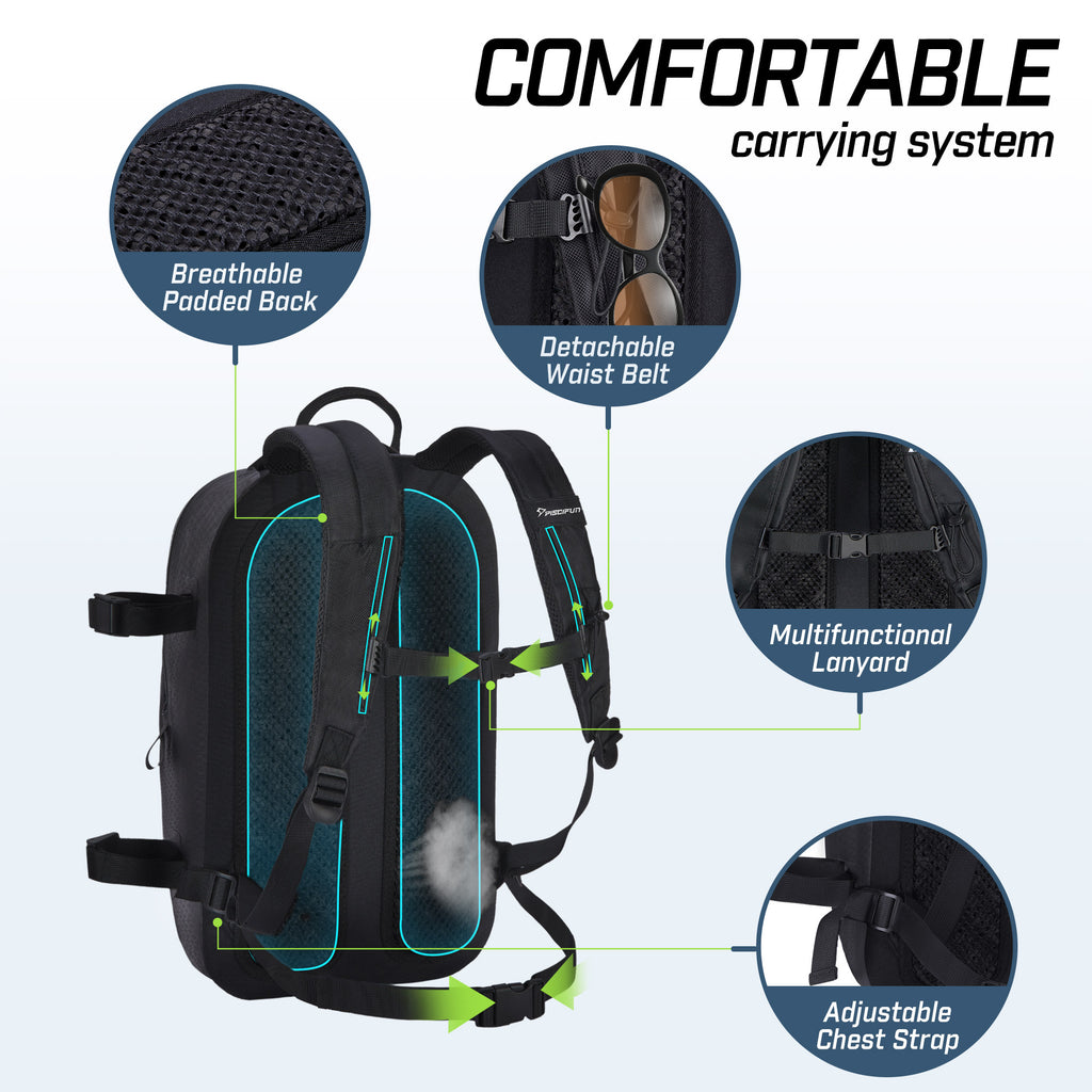 Piscifun Waterproof Backpack TPU Dry Bag - A durable, lightweight black backpack with various straps, perfect for outdoor adventures.