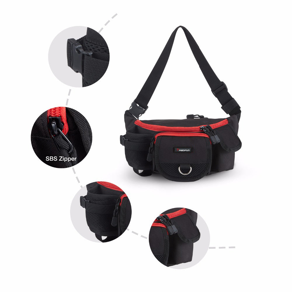 Piscifun® Fanny Pack Tackle Bag: A black and red waist bag with a double zippered pocket, adjustable buckle, and water bottle holder. Durable and practical for fishing, hiking, and more.