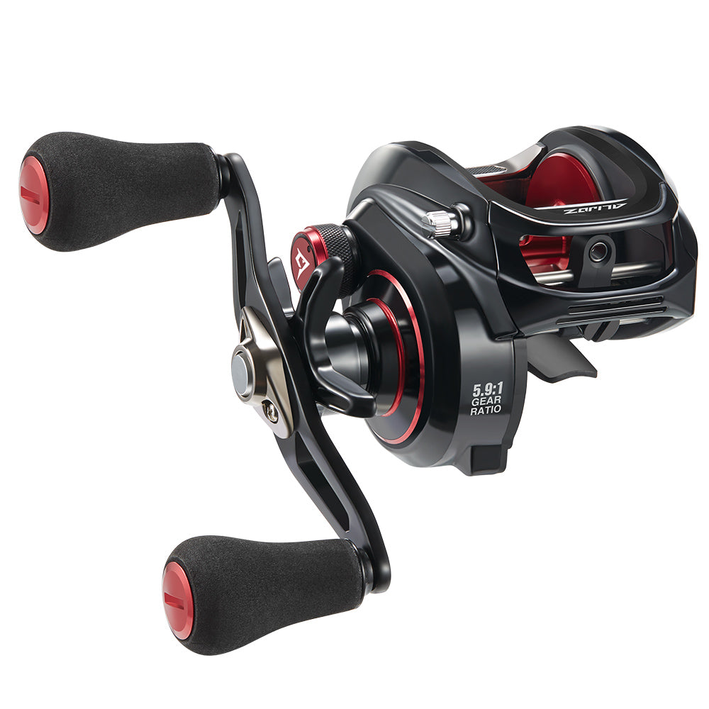 Piscifun® Alijoz Size 300 Low Profile Baitcasting Reel - Durable black and red fishing reel with powerful 33Lbs drag, perfect for big fish and swimbaits. High-end components ensure durability, low noise, and smoothness. Multiple gear ratio options and innovative features for comfortable use.