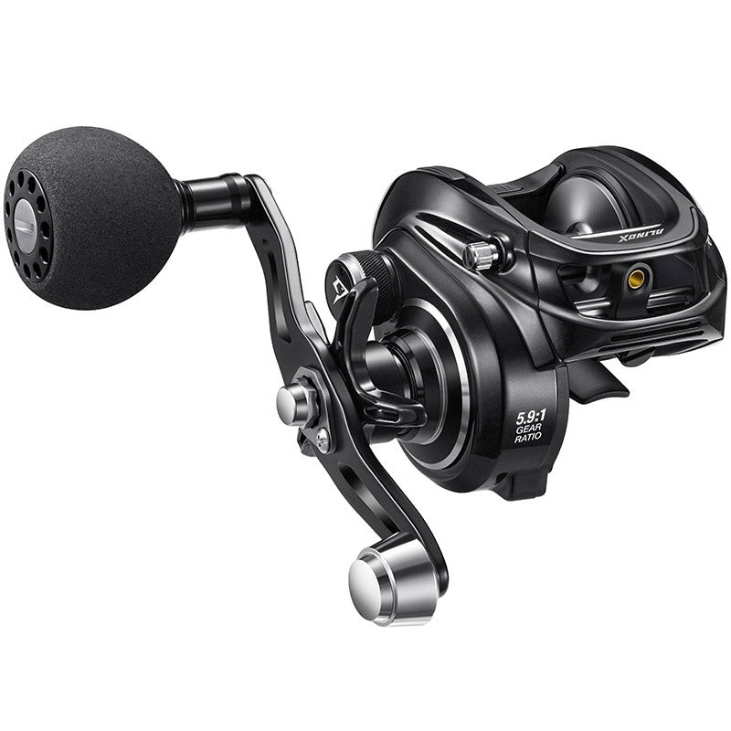 AlinoX Size 300 Low Profile Baitcasting Reel, 6.6:1 Grey & Gold / Right Hand Counterbalance Handle