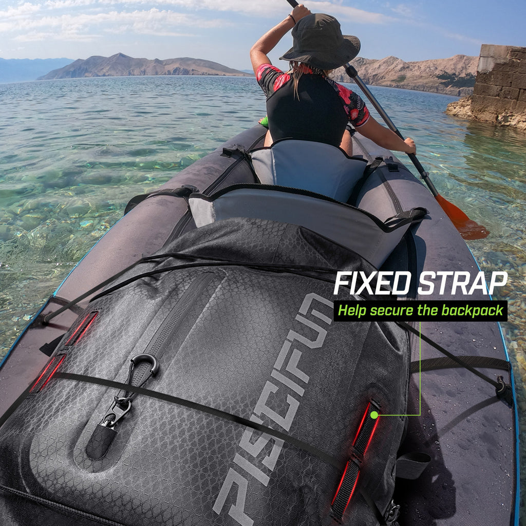 A person kayaking on the water with the Piscifun Waterproof Backpack TPU Dry Bag.