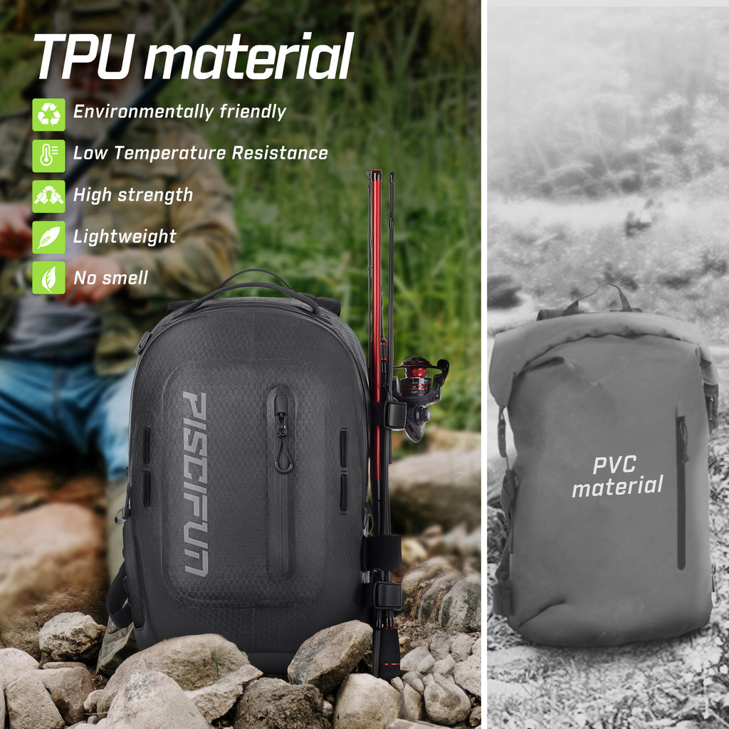 Piscifun Waterproof Backpack TPU Dry Bag - A backpack and bag combo, featuring a grey bag with white text and a close-up of a backpack. 100% waterproof with durable TPU material. Lightweight and floating design with a comfortable carrying system. Perfect for outdoor adventures.