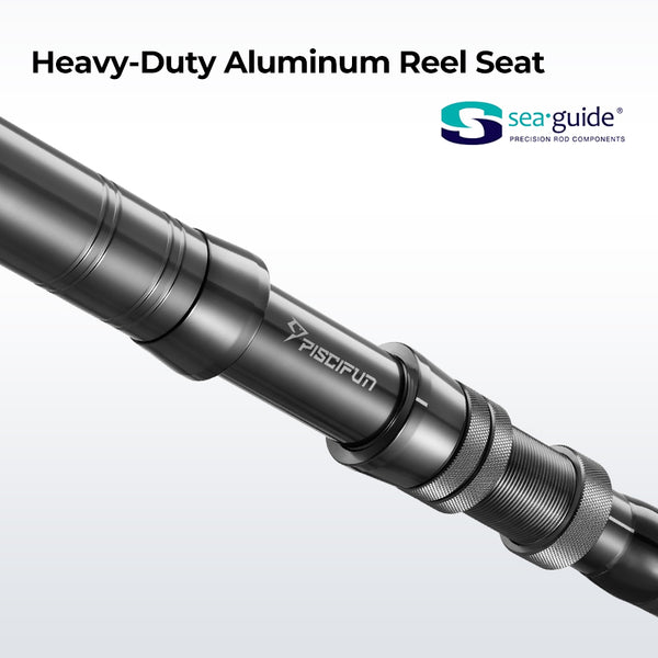 Close-up of Piscifun® Saltflow High-Tech Rod, featuring patented MID-THREAD structure for balanced tension, CG1 composite material for strength, SEAGUIDE® accessories, EVA grip, and corrosion-resistant 316L stainless steel components.