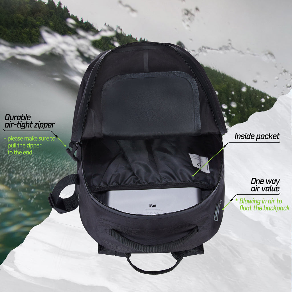 Piscifun Waterproof Backpack TPU Dry Bag - A black backpack with a silver object inside, featuring a durable and 100% waterproof design.