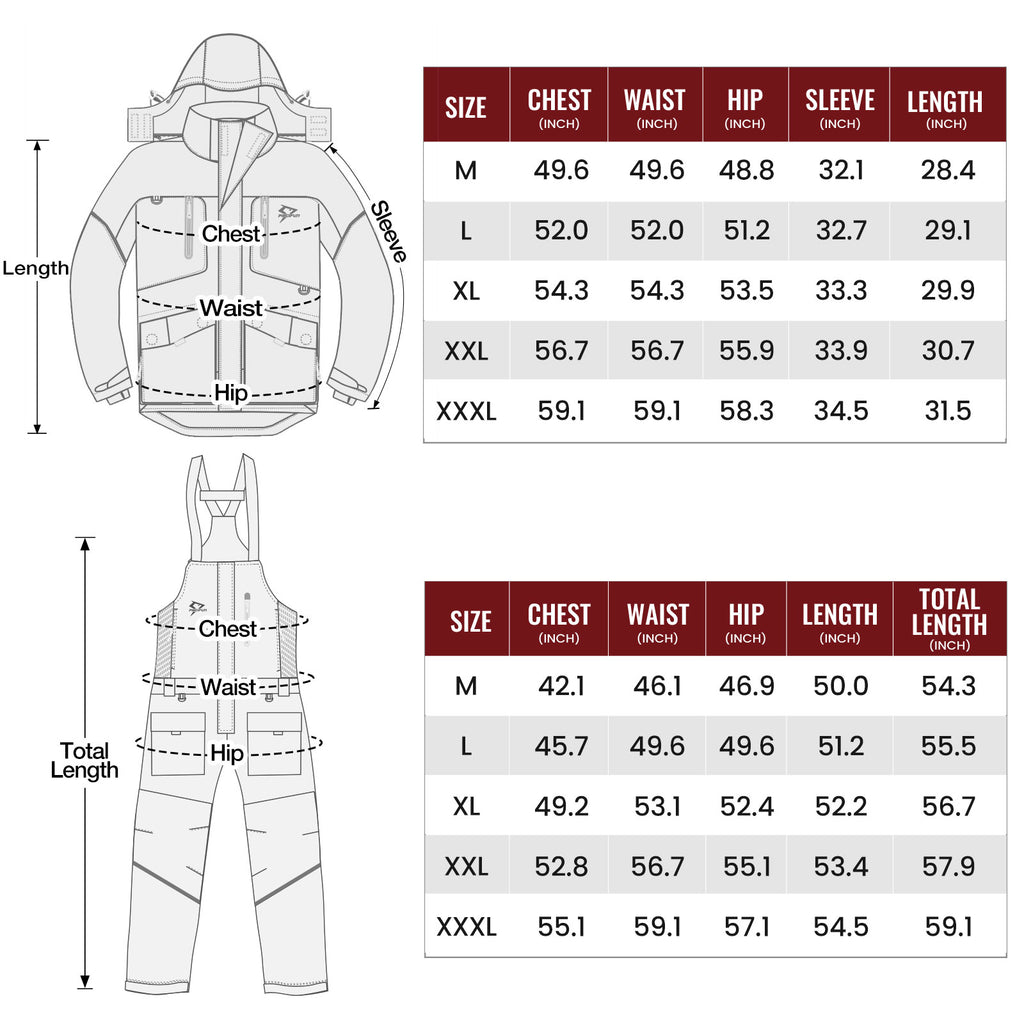 Alt text: "Diagram of Piscifun Ice Fishing Jacket with Safe Flotation Technology, Breathable and Waterproof features, Insulated and Windproof design, User Friendly Safe Design, High Quality and Eye Catching. Image of jacket size and measurements, overall diagram, and jacket diagram."