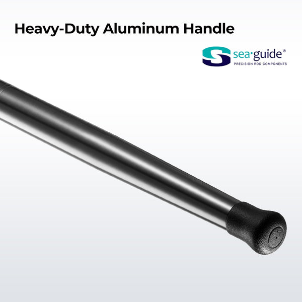 Piscifun® Saltflow High-Tech Rods: Metal handle with black rubber tip, long cylindrical object with black handle. Well-balanced performance, solid construction for offshore saltwater fishing. SEAGUIDE® accessories for stability, comfort, and corrosion resistance.