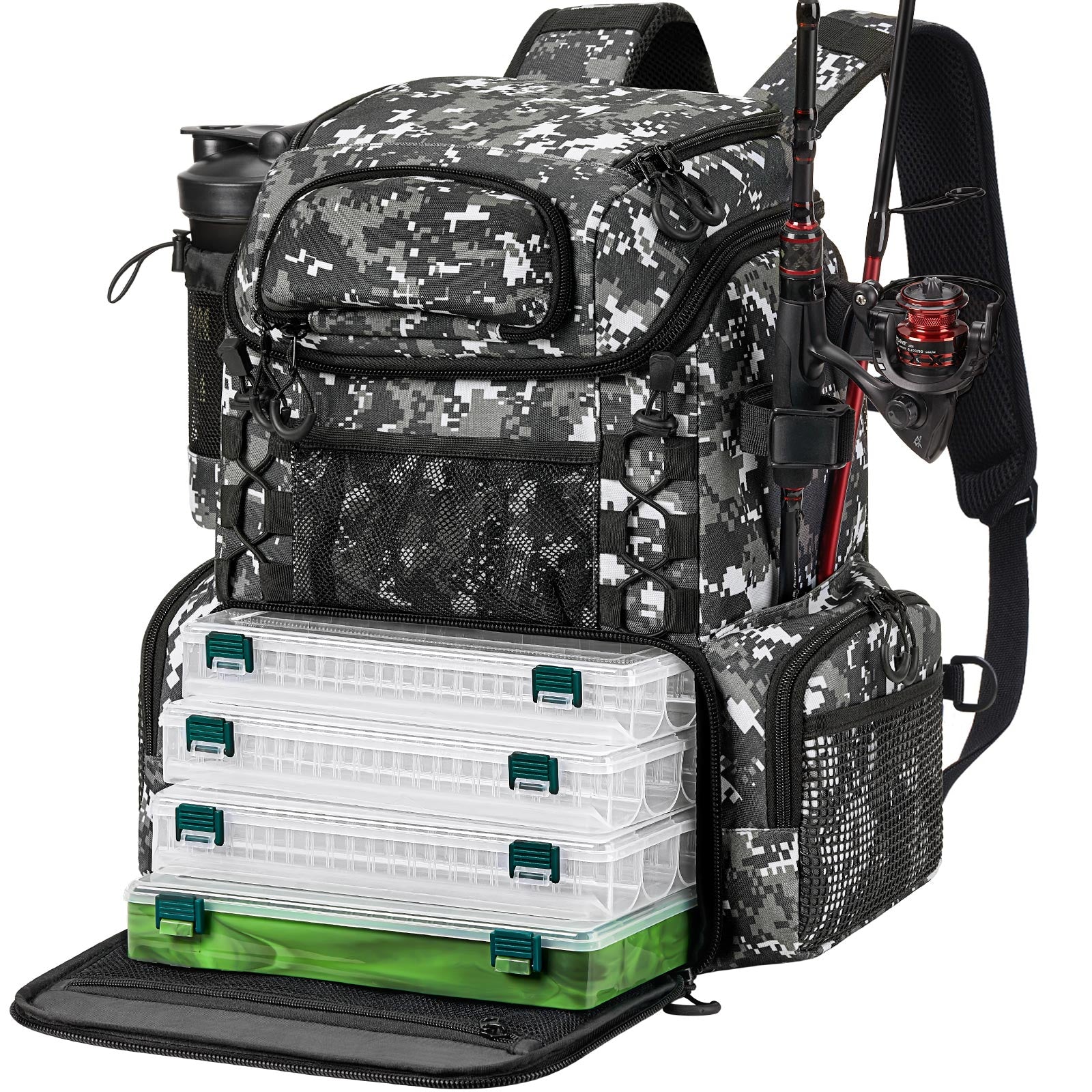 Fishing Tackle Backpack 3 Fishing Rod Holders with 2 Lure Covers Without  Trays Large Tackle Bag Storage Can Holds Up To (12) 3700 Tackle Boxes (Camo