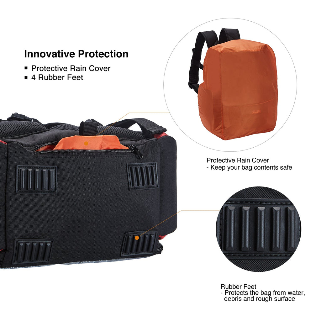 Piscifun Fishing Tackle Backpack with 4 Trays: A black and orange bag with multiple compartments for efficient tackle storage.