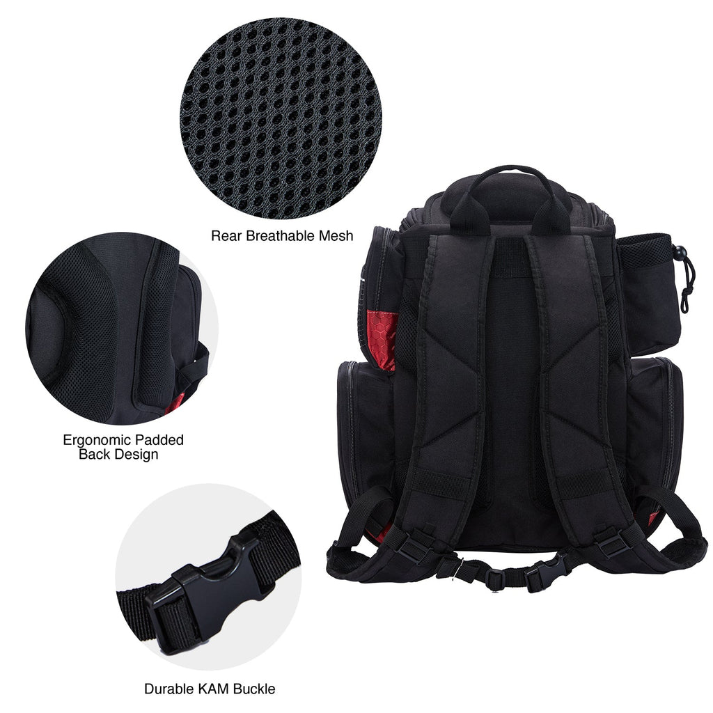 A black backpack with multiple straps and compartments for fishing tackle storage. Waterproof, padded, and comfortable.