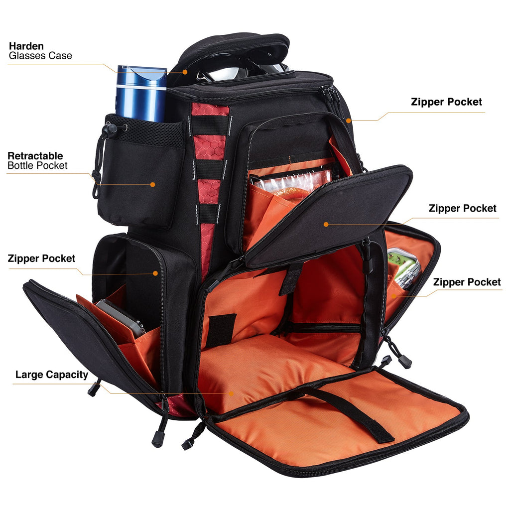 A black and orange Piscifun Fishing Tackle Backpack with 4 trays, offering efficient storage for fishing gear. Waterproof, padded, and with a sturdy sunglasses case.