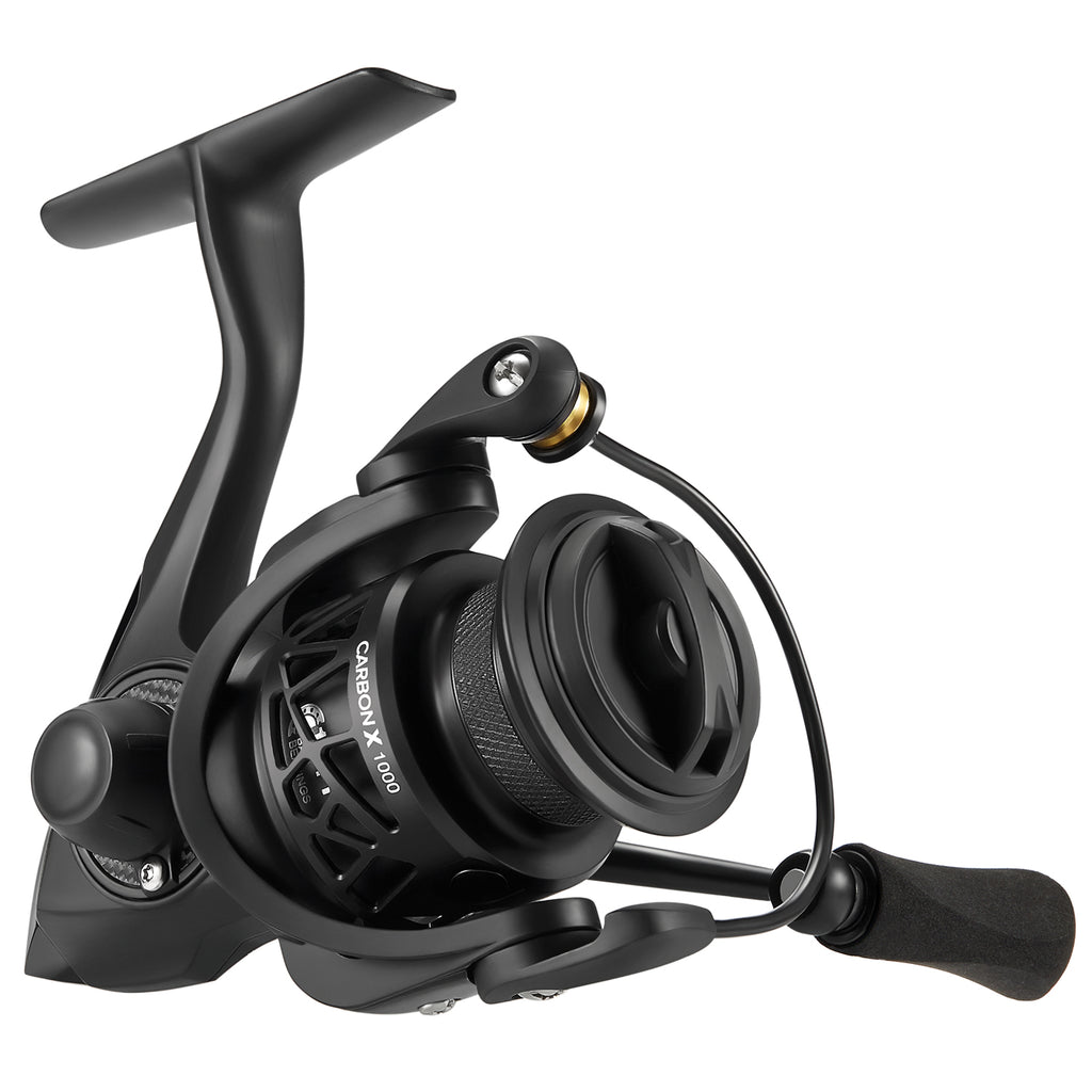 A black fishing reel with a black handle, part of the Piscifun® Ice Fishing Carbon X 500 1000 Reel & Rod Combo.