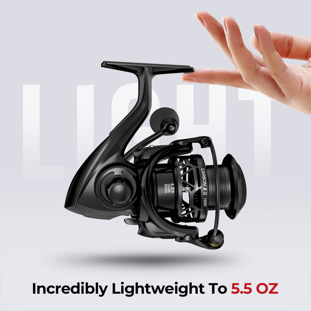 A close-up of a hand holding the Piscifun Carbon X II Spinning Reel, featuring carbon fiber body, 22 lbs drag, and 10+1 stainless steel bearings for smooth operation.