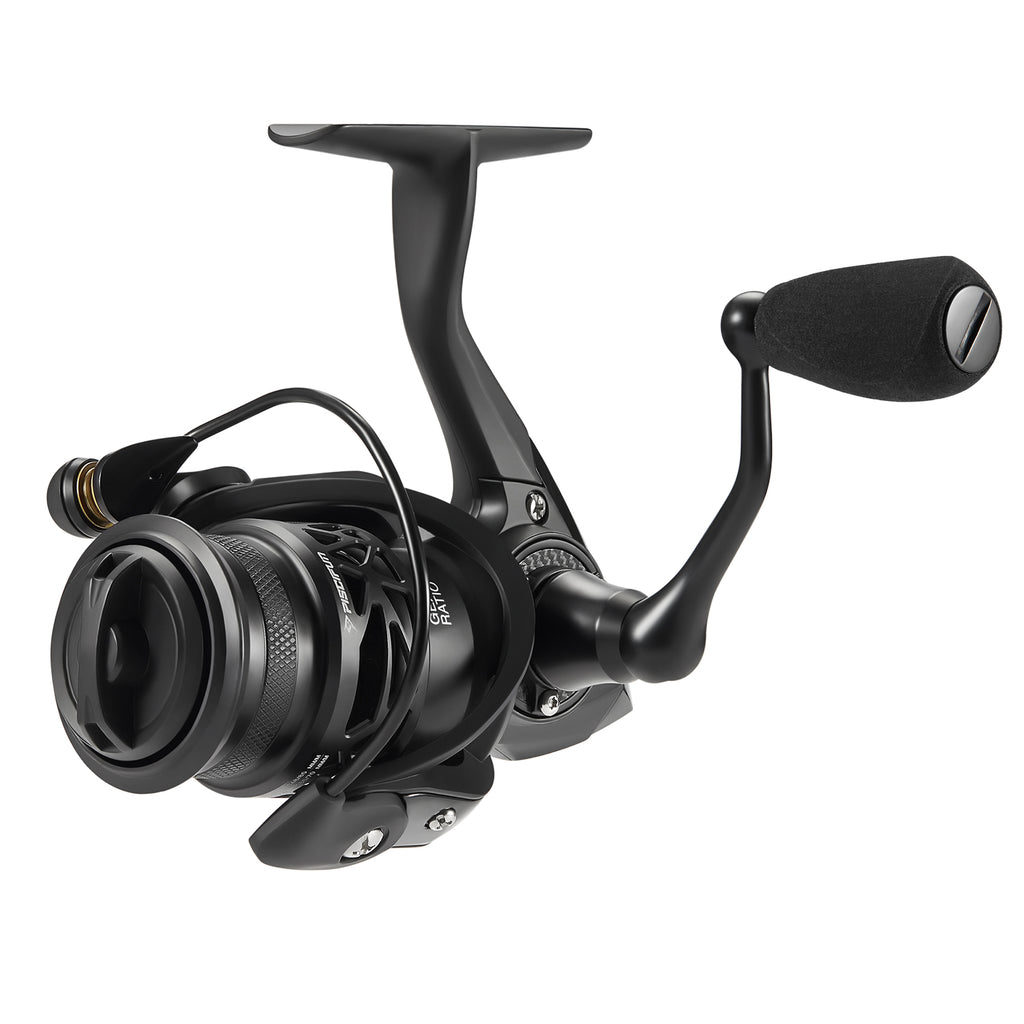 A black fishing reel with a black handle and a titanium tip for easy bite detection. Lightweight and made with carbon fiber for sensitivity and control. Perfectly balanced with the Piscifun® Ice Fishing Carbon X 500 1000 Reel & Rod Combo.
