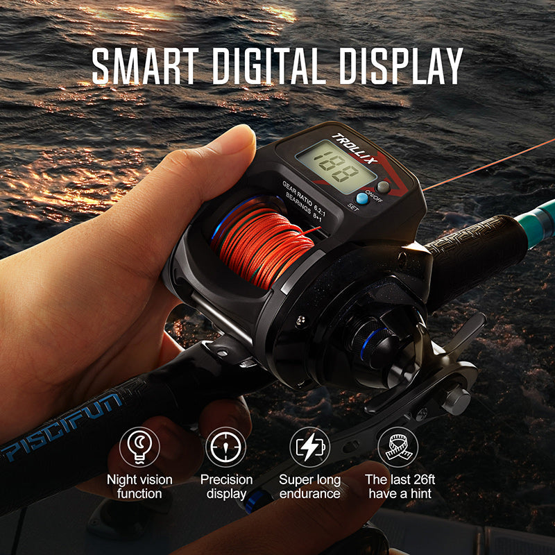 A hand holding the Piscifun® Trollix LCD Line Counter Digital Reel, a powerful fishing reel with 24lbs max drag. LCD display shows real-time fishing distance. High strength, lightness, and smooth retrieve. Extended handle with carbon grip for comfort. Ideal tackle for anglers.