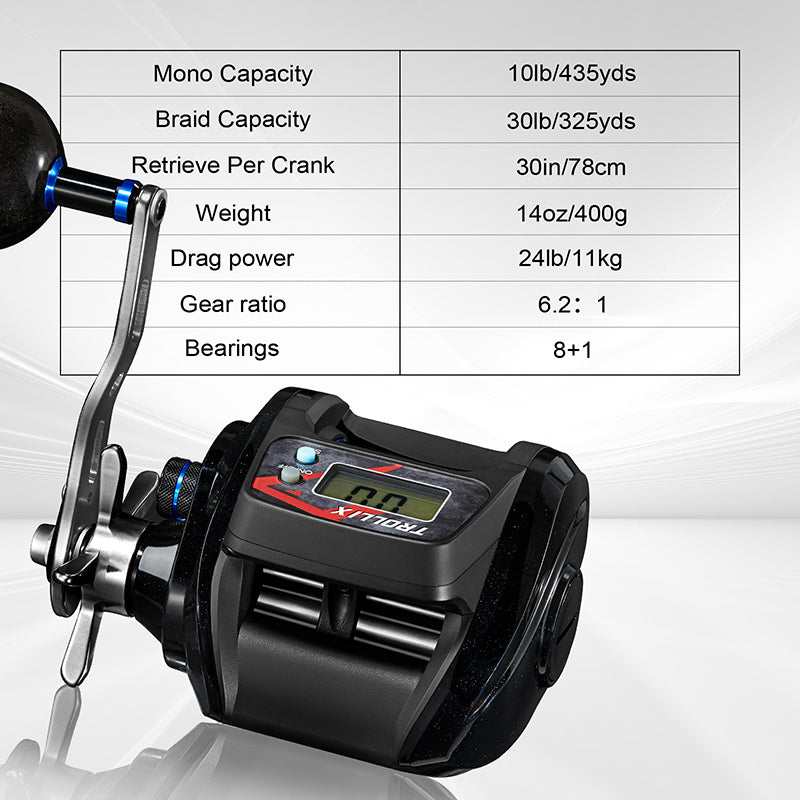 Piscifun® Trollix LCD Line Counter Digital Reel, 6.2:1 Trolling Fishing Reel Sale - A black fishing reel with a screen and a black ball on it, featuring a powerful 24lbs max drag, LCD display, and user-friendly design.
