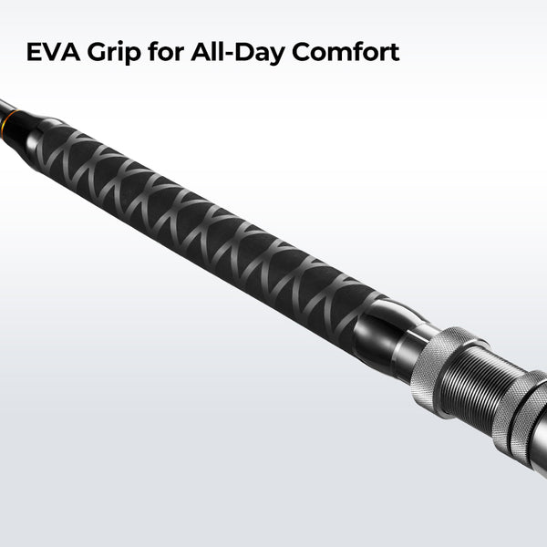 Piscifun® Saltflow High-Tech Rods For Offshore Saltwater Fishing featuring a black and silver handle, a pipe design, SEAGUIDE® accessories, corrosion-resistant materials, and all-day comfort for battling big fish.