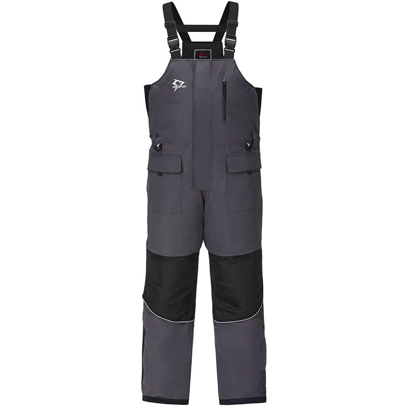 A product image of a grey and black overalls with suspenders, part of the Piscifun Ice Fishing Suits collection.