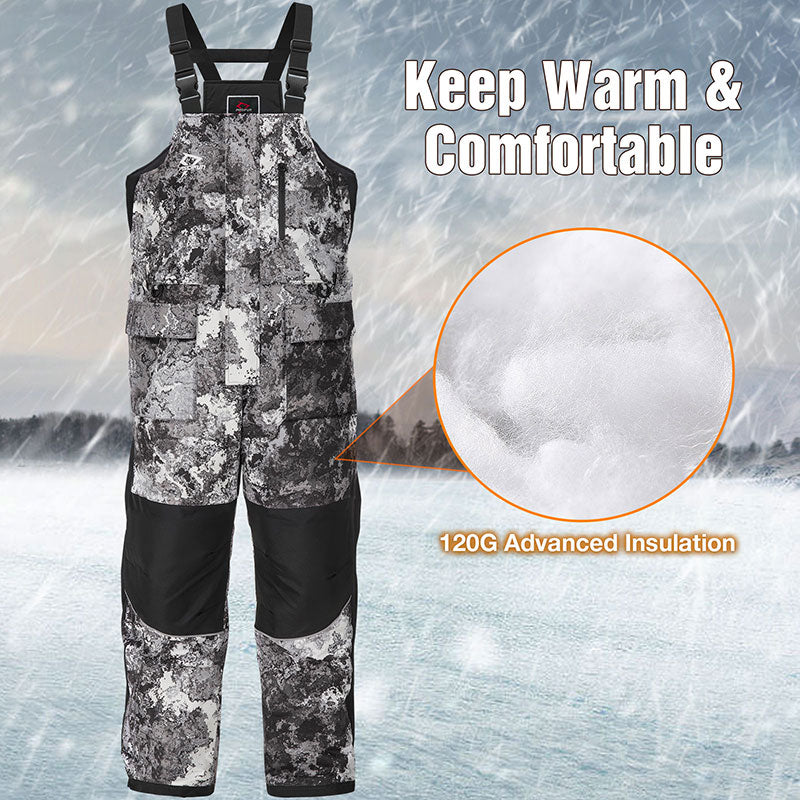 A product image alt text for the Piscifun Ice Fishing Jacket and Bibs with the given image data and product description could be: "Snow-covered overalls and close-up of shorts with Piscifun Ice Fishing Suits, featuring flotation technology, waterproof fabric, and windproof insulation."