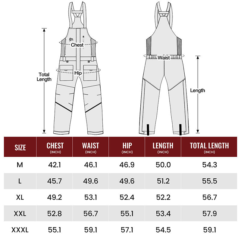 Alt text: "Diagram of Piscifun Ice Fishing Jacket and Bibs with Flotation Technology, showing measurements and features for safe, warm, and waterproof fishing suits."